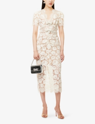SELF-PORTRAIT: Pearl-Embellished Short-Sleeve Lace Midi Dress