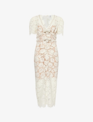 SELF-PORTRAIT: Pearl-Embellished Short-Sleeve Lace Midi Dress