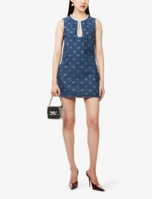 SELF-PORTRAIT: Rhinestone-Bow Sleeveless Denim Mini Dress