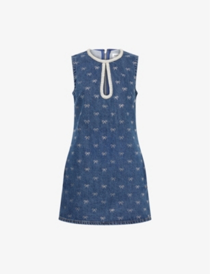 SELF-PORTRAIT: Rhinestone-Bow Sleeveless Denim Mini Dress