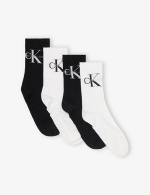Shop Calvin Klein Womens Black/white Brand-logo Pack Of Four Crew Cotton-blend Socks
