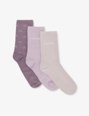 Shop Calvin Klein Womens Lilac Combo Brand-logo Pack Of Four Crew Cotton-blend Socks