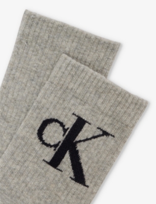 Shop Calvin Klein Womens  Brand-monogram Ribbed Pack Of Two Cotton-blend Crew Socks In Light Grey Melange