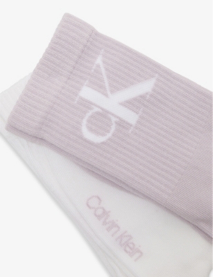Shop Calvin Klein Womens  Brand-monogram Ribbed Pack Of Two Cotton-blend Crew Socks In Lilac/white