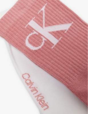 Calvin Klein Womens  Brand-monogram Ribbed Pack Of Two Cotton-blend Crew Socks In Rose Pink/white