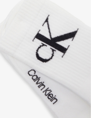 Shop Calvin Klein Womens White Brand-monogram Ribbed Pack Of Two Cotton-blend Crew Socks
