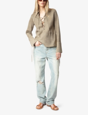 Zadig & Voltaire Womens Lace-up Long-sleeved Knitted Jumper Gold In Gold
