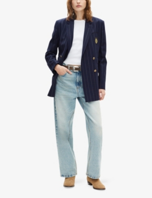 THE KOOPLES WOMENS NAVY CREST-EMBROIDERED DOUBLE-BREASTED STRIPED WOOL-BLEND BLAZER 
