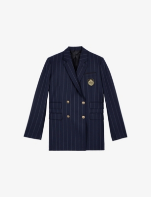 THE KOOPLES WOMENS NAVY CREST-EMBROIDERED DOUBLE-BREASTED STRIPED WOOL-BLEND BLAZER 