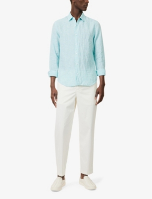 Orlebar Brown Mens Aqua Blue/white Giles Long-sleeve Linen Shirt In Aqua Blue/white