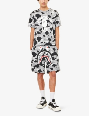 A BATHING APE: Camo Shark Printed Cotton Sweat Shorts