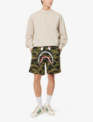 A Bathing Ape Mens Camo Shark Printed Cotton Sweat Shorts Green Camo In Green