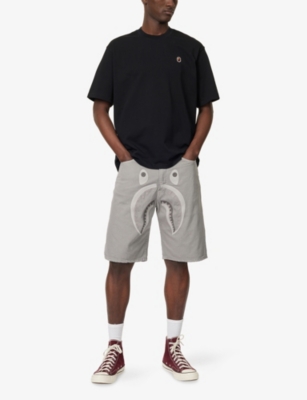 A BATHING APE: Shark Embroidered Denim Shorts