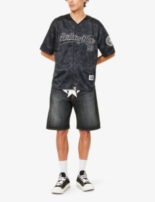 A BATHING APE: Logo-Embellished Perforated Woven Baseball Shirt
