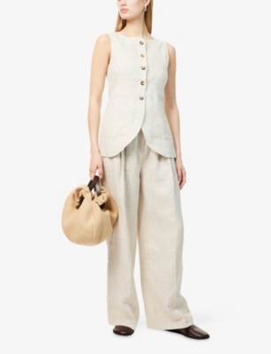 Shop Posse Womens Natural Wyatt Wide-leg High-rise Linen Trousers