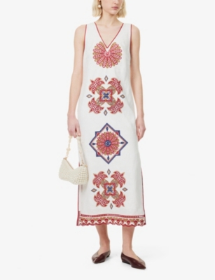 FARM RIO: Marys Tiles Embroidered Linen Midi Dress