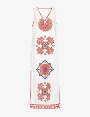 FARM RIO: Marys Tiles Embroidered Linen Midi Dress