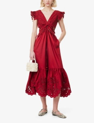 Shop Farm Rio Womens Red Butterfly Embroidered Cotton-poplin Midi Dress Xs