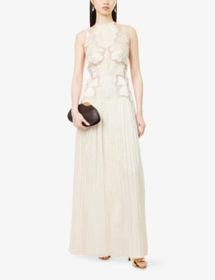 ALBERTA FERRETTI: Halterneck Floral Semi-Sheer Cotton Maxi Dress