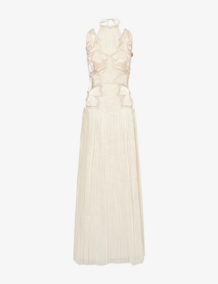 ALBERTA FERRETTI: Halterneck Floral Semi-Sheer Cotton Maxi Dress