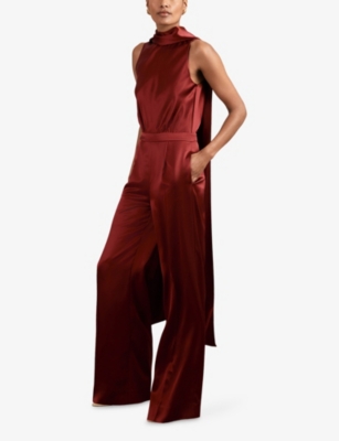 Reiss Womens Dark Red Farah Cape-back Sleeveless Satin Jumpsuit In Red