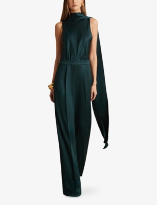 Reiss Womens Teal Green Farah Cape-back Sleeveless Satin Jumpsuit