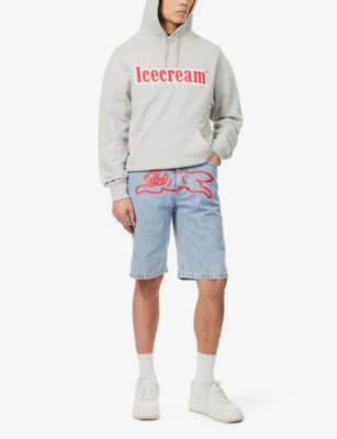 ICECREAM MENS LIGHT WASH BLUE RUNNING DOG GRAPHIC-PRINT DENIM SHORTS 