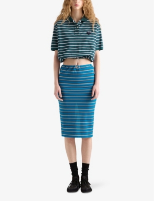 Prada Womens Light Blue Striped Triangle-logo Cotton Piqué Midi Skirt In Light Blue