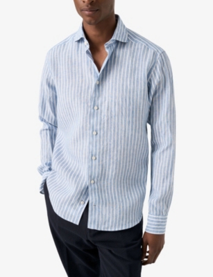 Eton Mens Striped Long-sleeved Linen Shirt Light Blue In Blue