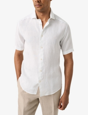 Eton Mens White Short-sleeved Spread-collar Linen Shirt In White