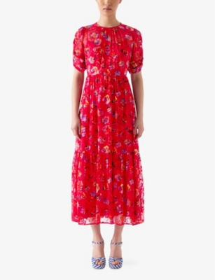 LK BENNETT: Tilly Floral-Print Puff-Sleeve Silk Midi Dress