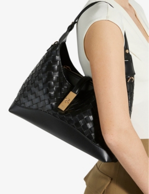 DUNE WOMENS BLACK LEATHER DORSET MEDIUM WOVEN LEATHER SHOULDER BAG