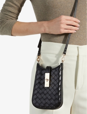 Dune Womens Black Leather Seeking Turn-lock Woven Leather Phone Pouch In Black Leather