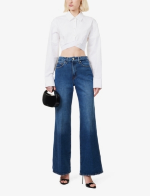 GOOD AMERICAN WOMENS BBLUE383 GOOD SKATE FIVE-POCKETS WIDE-LEG HIGH-RISE STRETCH-DENIM BLEND JEANS 