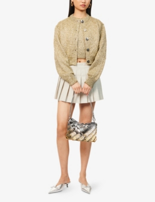 RABANNE: Metallic Cropped Wool-Blend Knitted Cardigan
