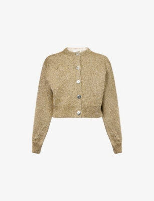 RABANNE: Metallic Cropped Wool-Blend Knitted Cardigan