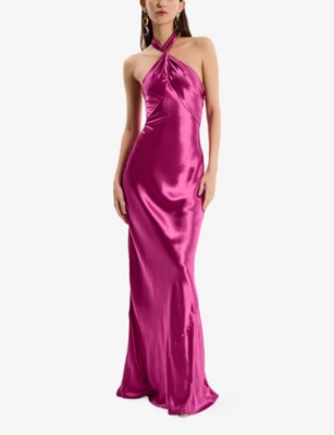 Omnes Womens Arles Halterneck Satin Maxi Dress Magenta In Magenta