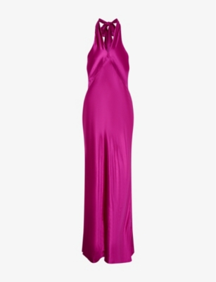 Omnes Womens Arles Halterneck Satin Maxi Dress Magenta In Magenta