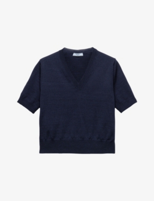 Prada Womens Blue V-neck Short-sleeve Knitted Wool Jumper In Blue