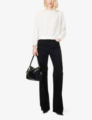Ribbed-Trims Round-Neck Woven Blouse