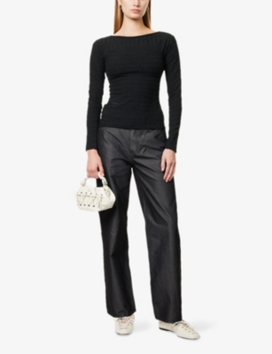 Peachy Den Womens Cindy Textured Stretch-woven Top Black Xs