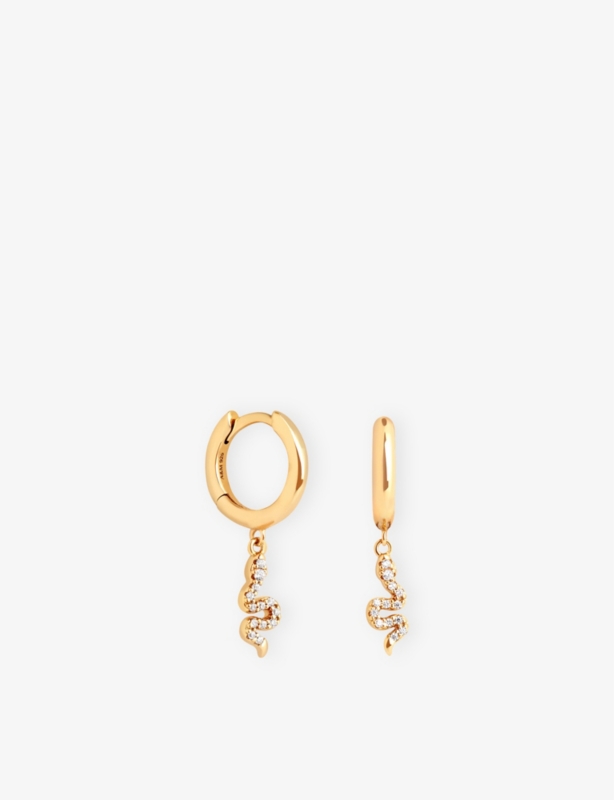 Snake Charm 18ct Yellow Gold-Plated Recycled Sterling-Silver and Pavé-Crystal Huggies