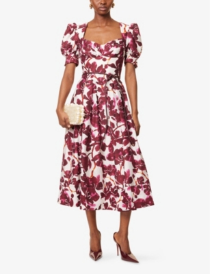 REBECCA VALLANCE: Nerissa Floral Short-Sleeve Linen-Blend Midi Dress
