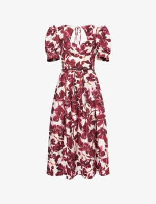 REBECCA VALLANCE: Nerissa Floral Short-Sleeve Linen-Blend Midi Dress
