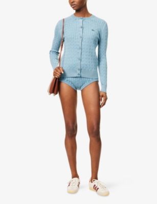 Shop Lacoste Womens Blue Vintage Wash Cable-knit Cotton Cardigan Xs