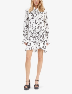 THE KOOPLES: Ribbon-Print Ruffle-Trim Silk Mini Dress