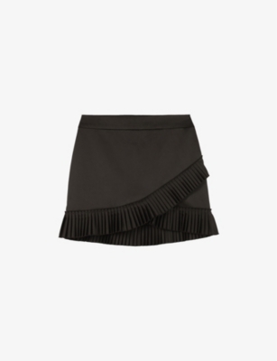 The Kooples Womens Pleated-trim Satin Mini Skirt Black In Black