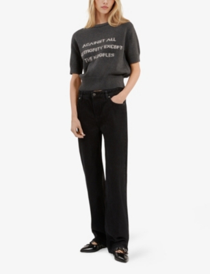 The Kooples Womens Middle Grey Mel/white Slogan-print Short-sleeve Knitted Jumper
