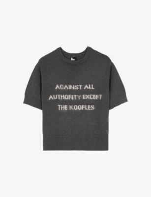 The Kooples Womens Middle Grey Mel/white Slogan-print Short-sleeve Knitted Jumper