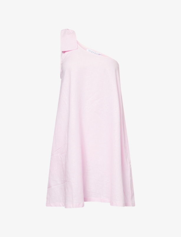 One-Shoulder Asymmetric-Neckline Linen-Blend Mini Dress